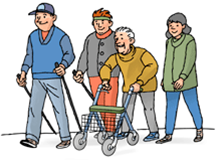 Illustration med seniorer på promenad