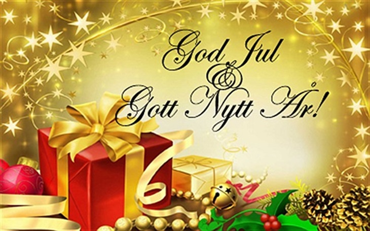 God Jul hälsning med rött paket med guldsnören